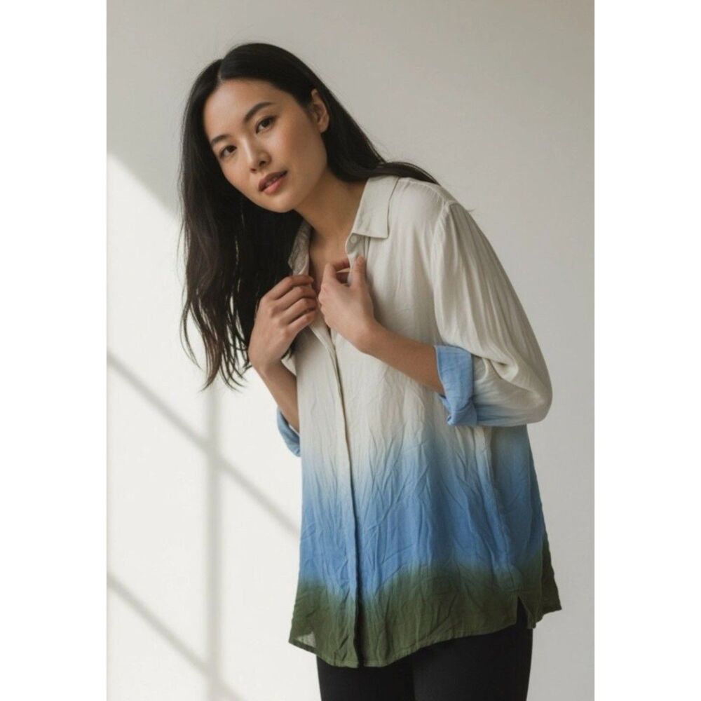 RACHEL COMEY Khaki Green Blue Dip Dye Sz XXS Oversized Button Up Tunic Shirt NWT